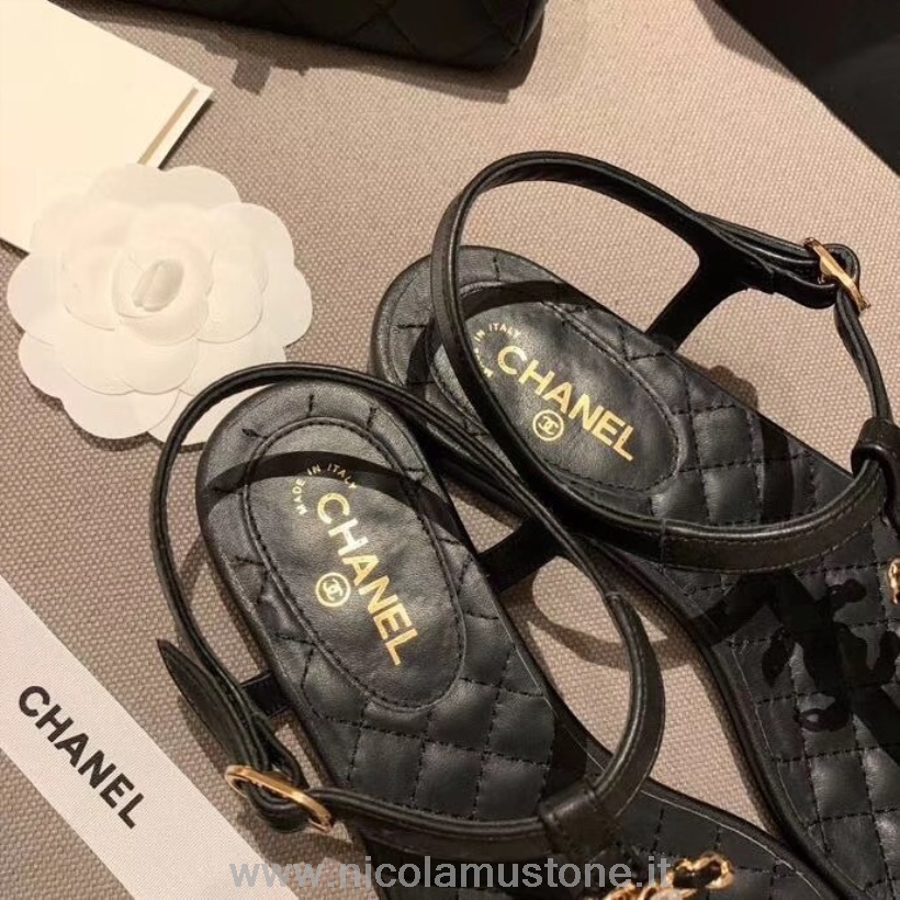 Originální Kvalita Chanel Jeweled Cc Logo Tanga Sandály Teletina Kůže Jaro/léto 2020 Akt 1 Kolekce černá