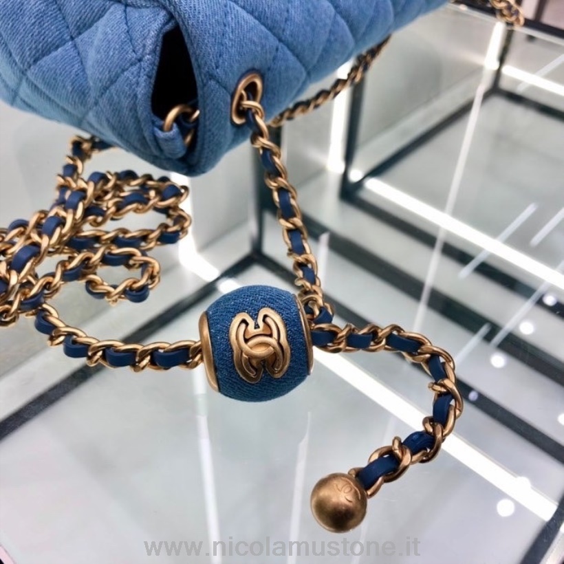 Originální Kvalitní Chanel Mini Kabelka S Klopou 20cm As1787 Jehněčí Kůže Zlatá Kování Jaro/léto 2022 Kolekce Denim Blue