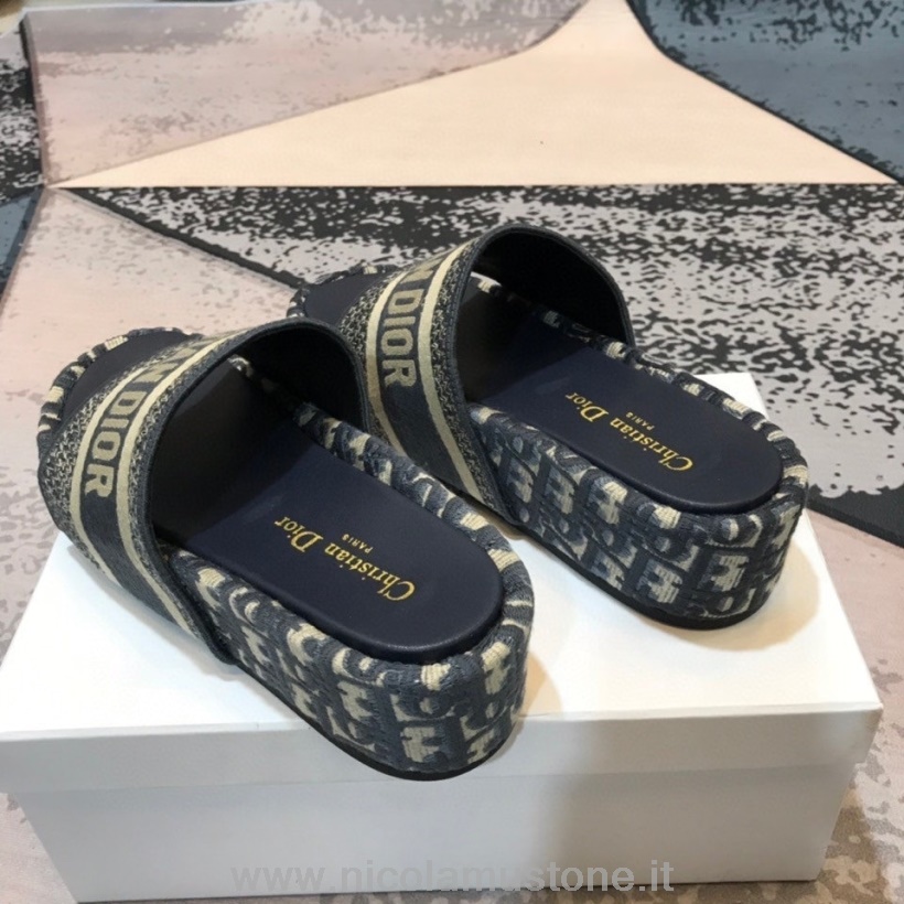 Originální Kvalita Christian Dior D-way šikmé Vyšívané Sandály Na Platformě Teletina Kůže Jaro/léto 2021 Kolekce Modrá