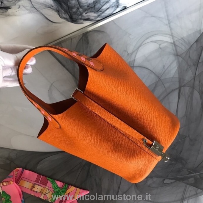 Originální Kvalita Hermes Tressage De Cuir Picotin Lock Bag 22cm Epsom Teletina Ručně šitá Palladium Hardware Oranžový Mák