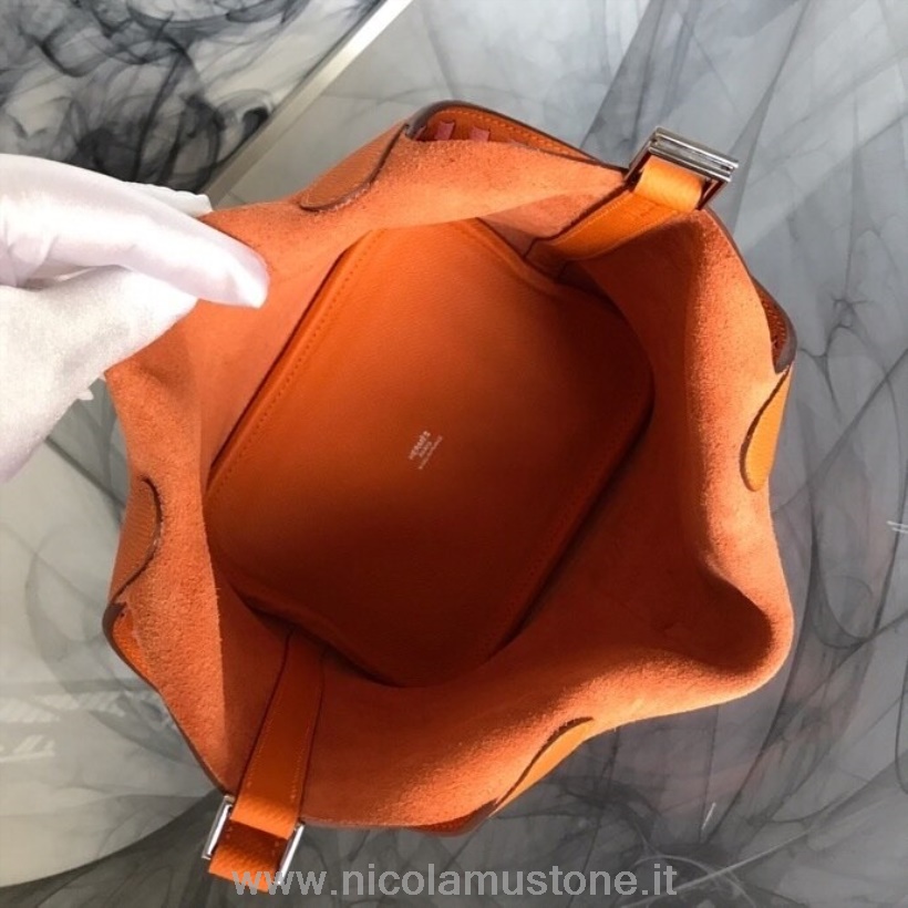 Originální Kvalita Hermes Tressage De Cuir Picotin Lock Bag 22cm Epsom Teletina Ručně šitá Palladium Hardware Oranžový Mák