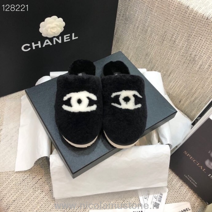 Originální Kvalitní Kožešinové Pantofle Chanel Cc Kolekce Podzim/zima 2020 černé
