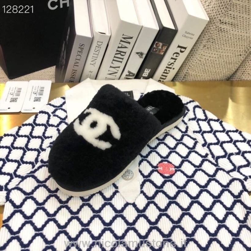 Originální Kvalitní Kožešinové Pantofle Chanel Cc Kolekce Podzim/zima 2020 černé