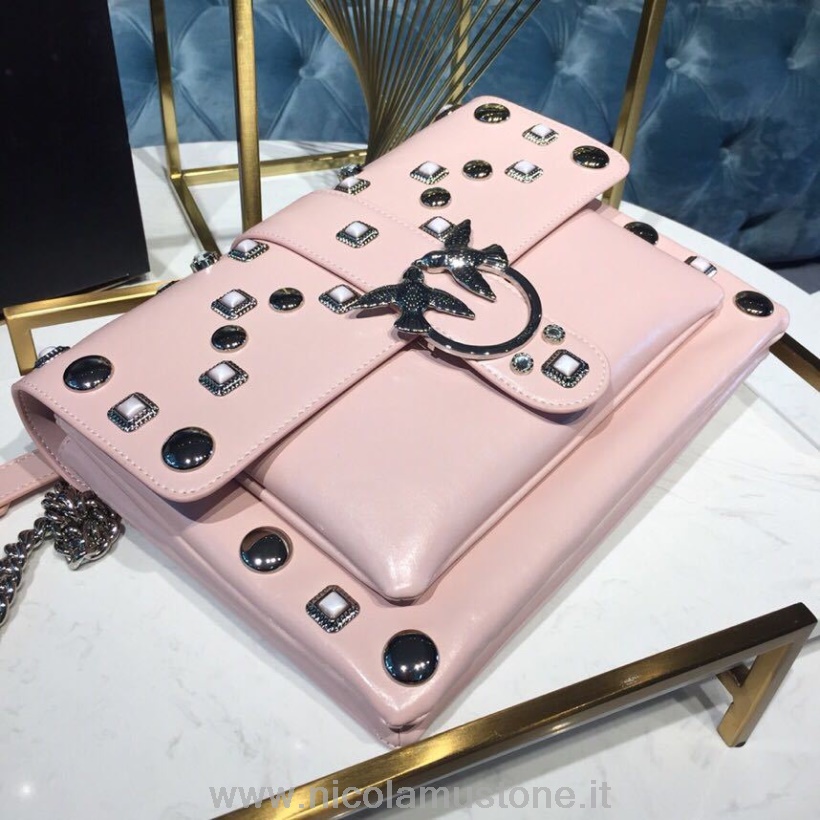 Originální Kvalitní Taška Pinko Big Love Cvočky 29cm Teletina Kůže Broušená Stříbrná Hardware Kolekce Jaro/léto 2019 Světle Růžová