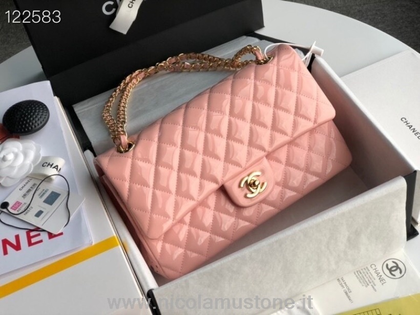Originální Kvalitní Chanel Klasická Taška S Klopou 25cm Zlatý Hardware Lakovaná Kůže Kolekce Jaro/léto 2020 Růžová