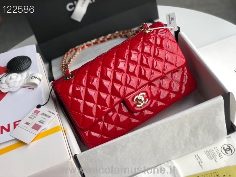 Originální Kvalitní Chanel Klasická Taška S Klopou 25cm Zlatý Hardware Lakovaná Kůže Kolekce Jaro/léto 2020 červená