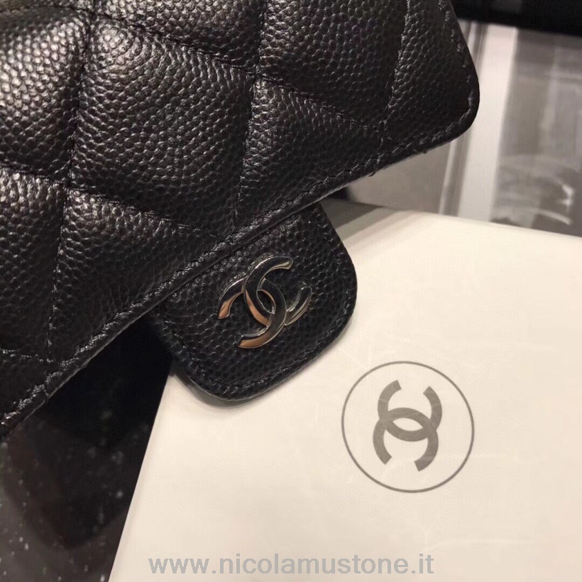 Originální Kvalitní Chanel Kompaktní Peněženka Na Více Karet Na řetízku 12cm Kaviárová Kůže Stříbrný Hardware Kolekce Podzim/zima 2020 černá