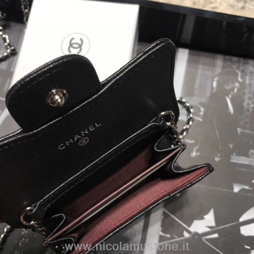 Originální Kvalitní Chanel Kompaktní Peněženka Na Více Karet Na řetízku 12cm Kaviárová Kůže Stříbrný Hardware Kolekce Podzim/zima 2020 černá