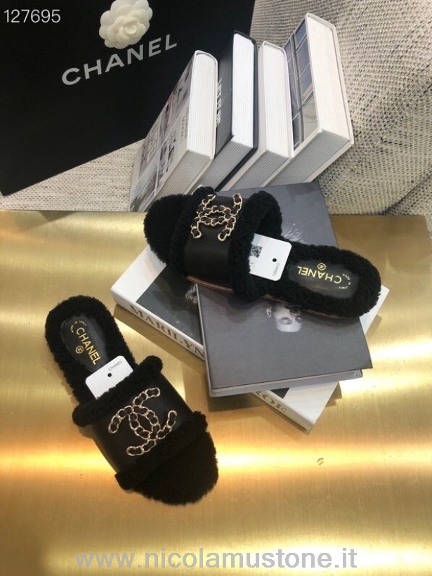 Originální Kvalita Chanel Tkané Logo Cc Střižená Kožešina Sandály Teletina Kůže Podzim/zima 2020 Kolekce černá