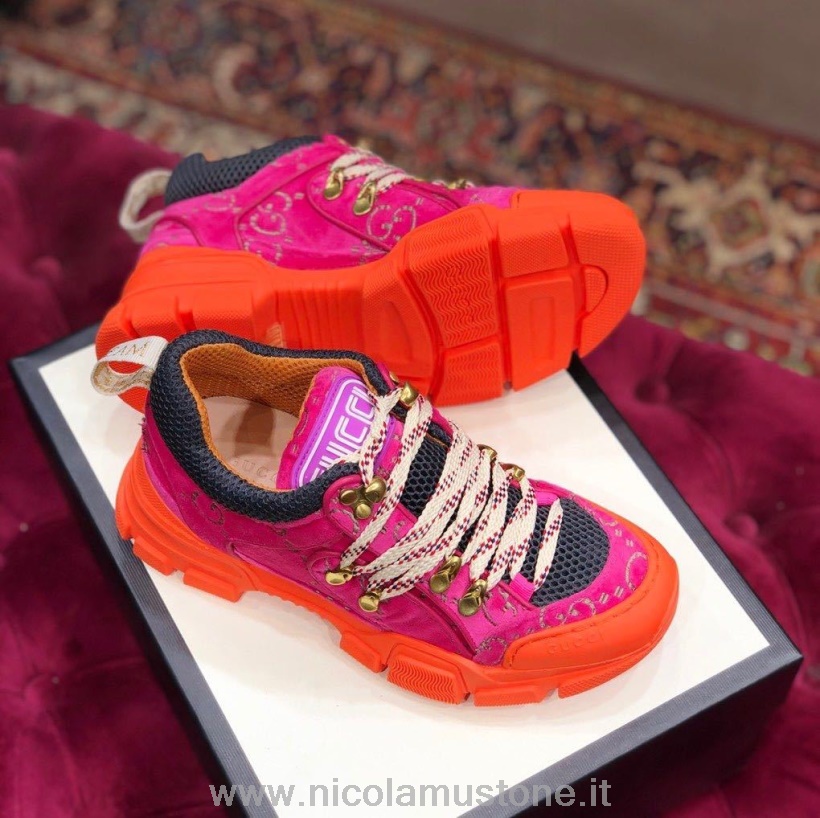 Originální Kvalitní Gucci Flashtrek Tenisky Gg Teletina Kůže Podzim/zima 2019 Kolekce Sytě Růžová/oranžová