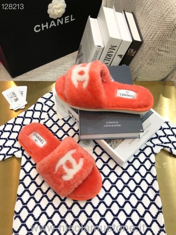 Originální Kvalitní Kožešinové Pantofle Chanel Cc Kolekce Podzim/zima 2020 Oranžové