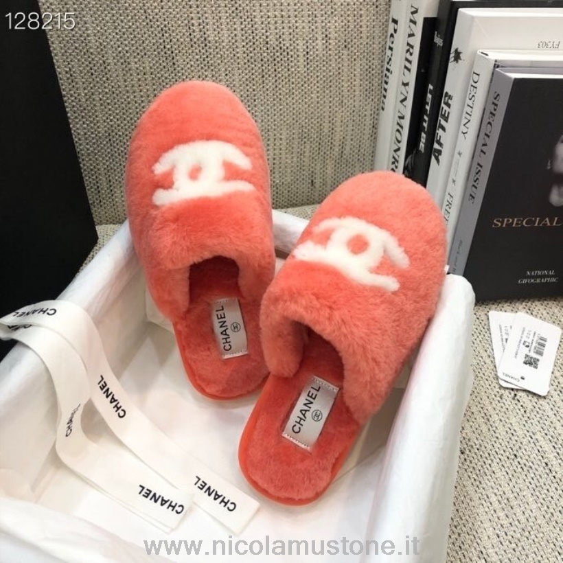 Originální Kvalitní Kožešinové Pantofle Chanel Cc Kolekce Podzim/zima 2020 Oranžové