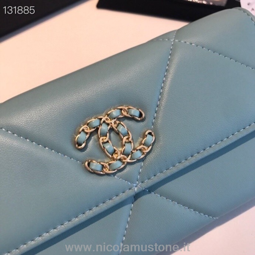 Originální Kvalitní Peněženka Chanel 19 Long Gold Hardware Jehněčí Kůže Kolekce Podzim/zima 2020 Modrá