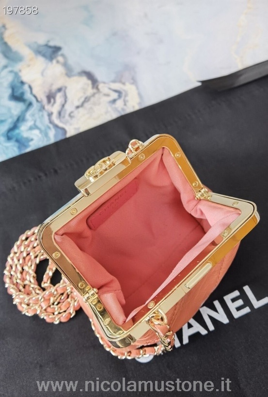 Originální Kvalitní Taška Na Zámek Chanel Kiss Lock 12cm Zlatý Hardware Cruise 2021 Sezónní Kolekce Broskev
