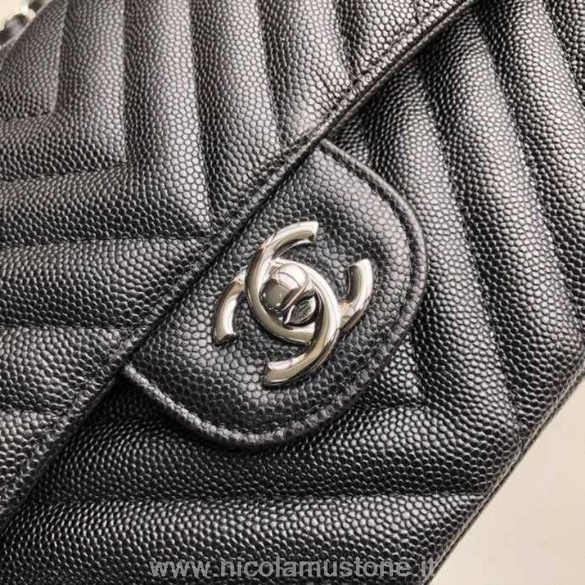 Originální Kvalitní Chanel Chevron Klasická Taška S Klopou 25cm Stříbrný Hardware Kaviár Kůže Kolekce Jaro/léto 2020 černá