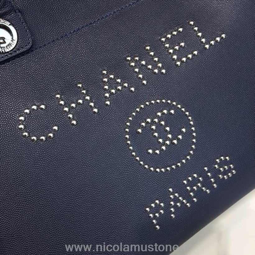 Originální Kvalitní Chanel Posetá Deauville Kabelka 33cm Teletina Kůže Zlaté Hardware Jaro/léto 2018 Akt 1 Kolekce Tmavě Modrá