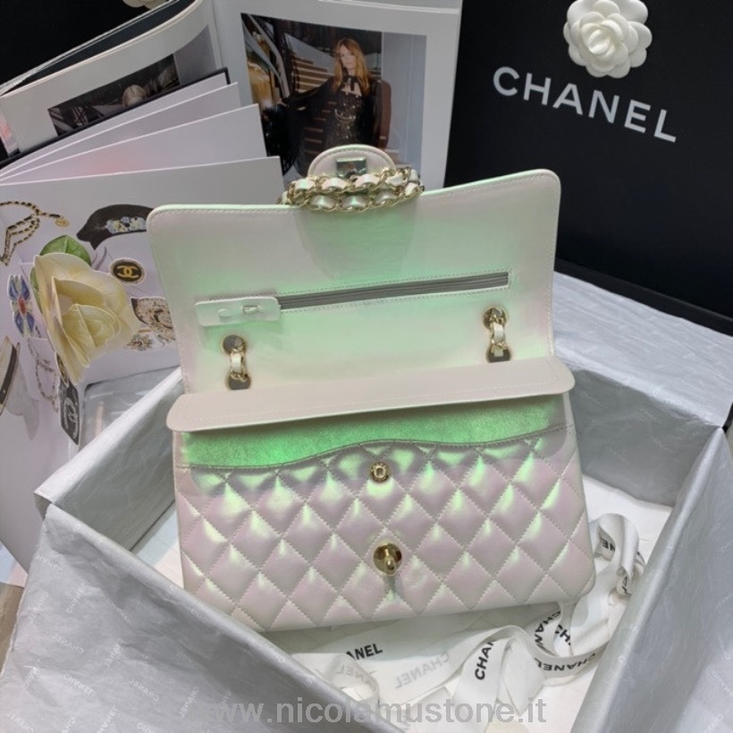 Originální Kvalitní Chanel Duhová Klasická Taška S Klopou 25cm Jehněčí Kůže Zlatý Hardware Výletní Kolekce Jaro/léto 2022 Perla