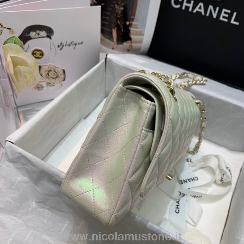 Originální Kvalitní Chanel Duhová Klasická Taška S Klopou 25cm Jehněčí Kůže Zlatý Hardware Výletní Kolekce Jaro/léto 2022 Perla