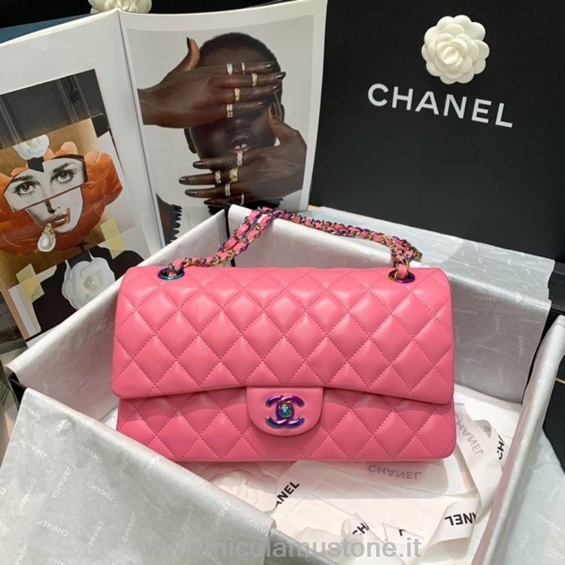 Originální Kvalitní Chanel Klasická Taška S Klopou 25cm Jehněčí Kůže Duhový Hardware Výletní Kolekce Jaro/léto 2022 Růžová