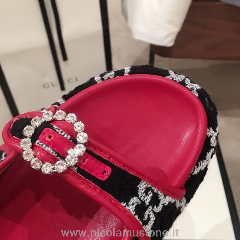 Originální Kvalita Gucci Angelina Platforma 50mm Boucle Crystal Teletina Kůže Kolekce Jaro/léto 2020 černá/bílá