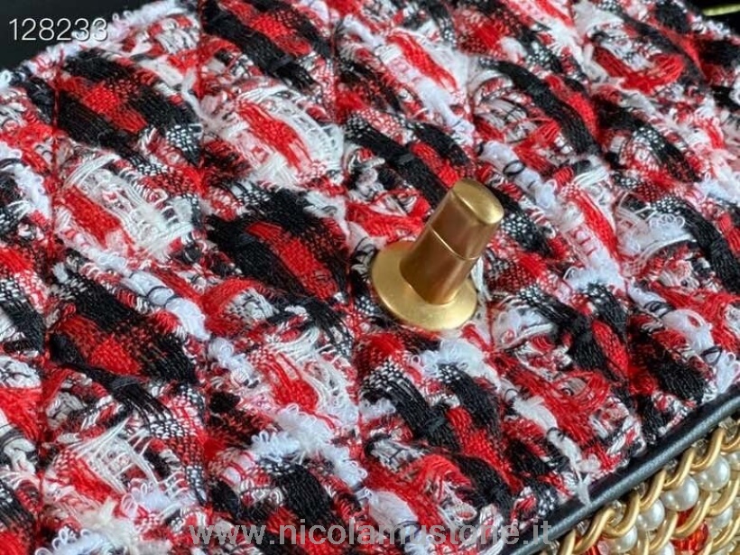 Originální Kvalitní Chanel Boční Perleťová Zdobená Taška S Klopou 20 Cm Tvíd/jehněčí Kůže Zlaté Kování Kolekce Podzim/zima 2020 červená/bílá/černá