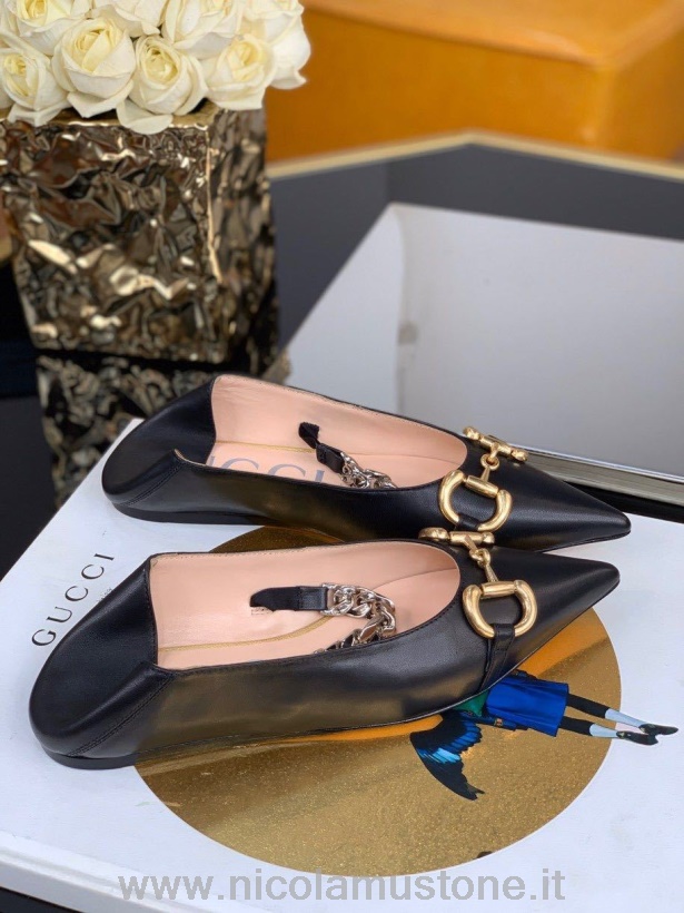 Originální Kvalitní Gucci Horsebit špičaté Ploché Boty Z Telecí Kůže Kolekce Jaro/léto 2020 černá