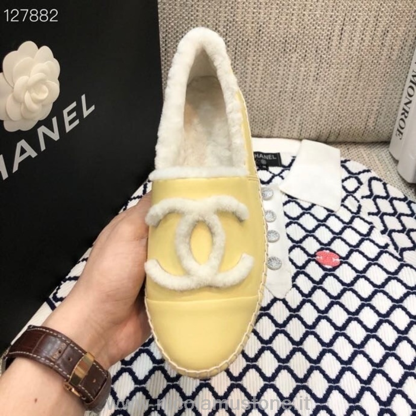 Originální Kvalitní Kožešina Chanel Shearling Espadrilky Jehněčí Kůže Kolekce Podzim/zima 2020 žlutá/bílá