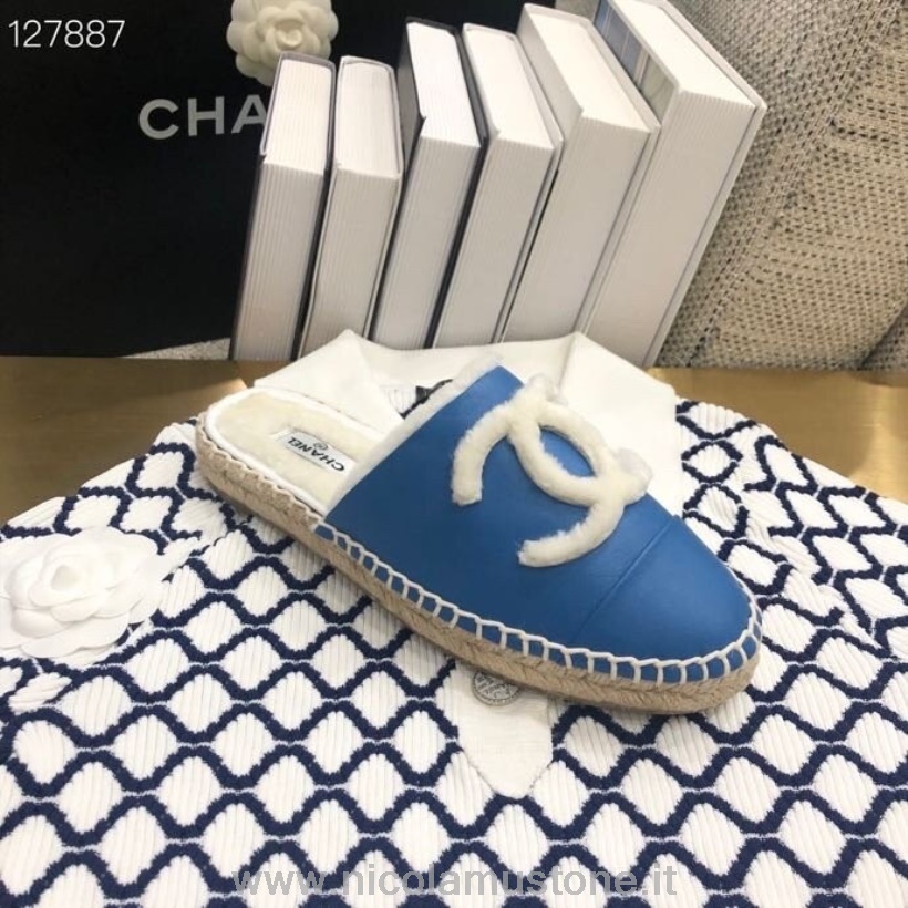 Originální Kvalitní Kožešina Chanel Shearling Espadrille Mules Jehněčí Kůže Kolekce Podzim/zima 2020 Modrá/bílá