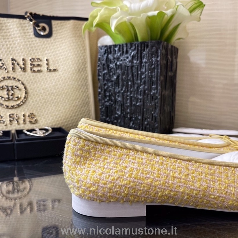 Originální Kvalitní Balerínky Chanel Tvíd/jehněčí Kůže Kolekce Jaro/léto 2021 žlutá/bílá