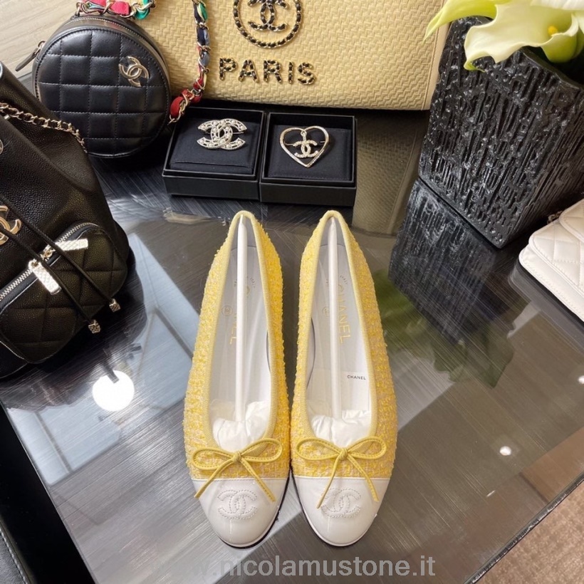 Originální Kvalitní Balerínky Chanel Tvíd/jehněčí Kůže Kolekce Jaro/léto 2021 žlutá/bílá