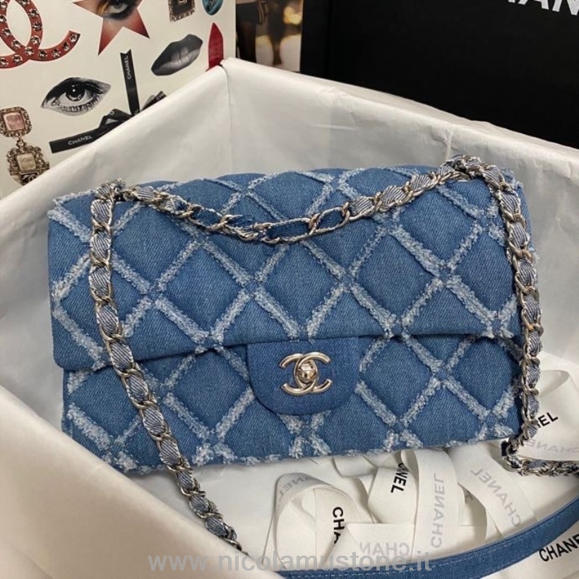 Originální Kvalitní Džínovina Chanel Roztřepená Klasická Taška S Klopou 25cm Jehněčí Kůže Zlatá Kování Výletní Kolekce Jaro/léto 2022 Modrá