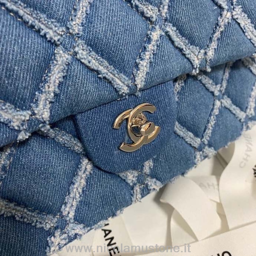 Originální Kvalitní Džínovina Chanel Roztřepená Klasická Taška S Klopou 25cm Jehněčí Kůže Zlatá Kování Výletní Kolekce Jaro/léto 2022 Modrá