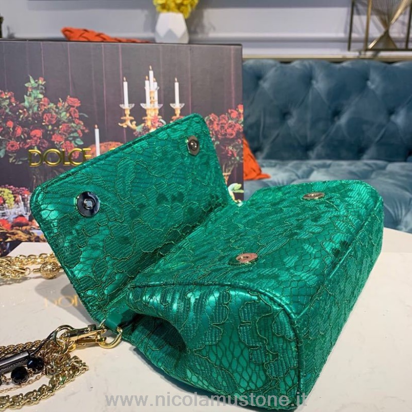 Originální Kvalita Dolce Gabbana Krajka Vyšívaná Kabelka Přes Rameno 20cm Teletina Kůže Podzim/zima 2019 Kolekce Zelená