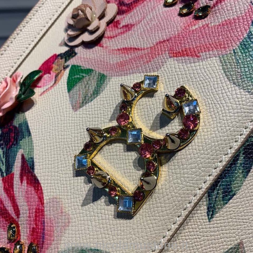Originální Kvalitní Dolce Gabbana Květinová Sicilská Taška 20cm S Dg Křišťálem Zrnitá Teletina Kůže Podzim/zima 2019 Kolekce Bílá