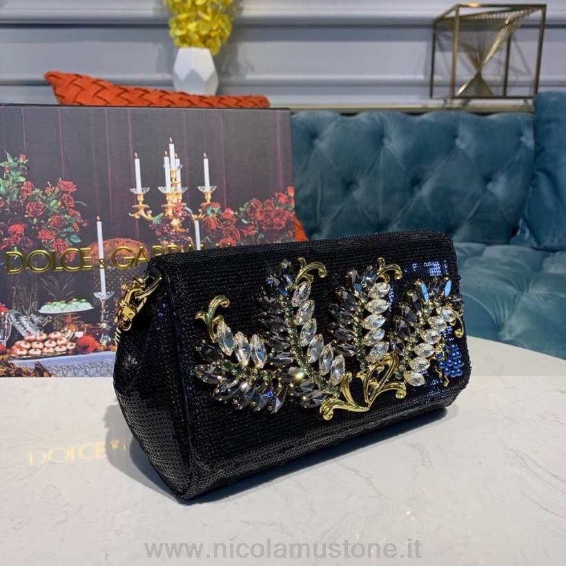 Originální Kvalitní Krajka Dolce Gabbana Vyšívaná Kabelka Přes Rameno 20cm Teletina Kůže Kolekce Podzim/zima 2019 černá