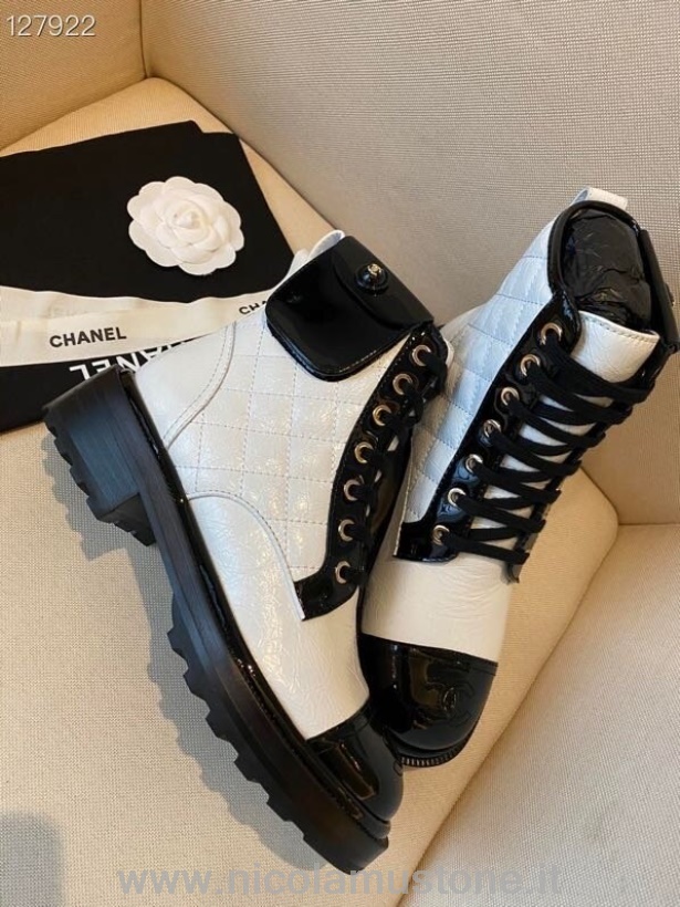Originální Kvalitní Chanel šněrovací Kotníkové Boty Lakovaná Popraskaná Teletina Kolekce Podzim/zima 2020 Bílá/černá