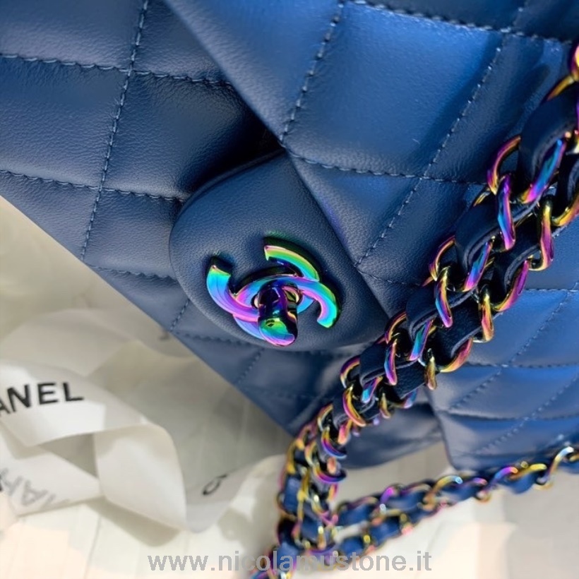 Originální Kvalitní Chanel Klasická Taška S Klopou 25cm Jehněčí Kůže Duhový Hardware Výletní Kolekce Jaro/léto 2022 Modrá