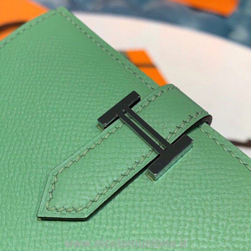 Originální Kvalitní Hermes Kompaktní Peněženka Bearn 12cm Epsom Kůže Stříbrný Hardware Zelená/světle Modrá
