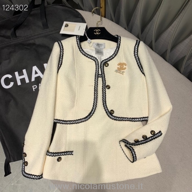 Originální Kvalitní Chanel 2dílná Sada Halenky A Kabátu S Dlouhým Rukávem Kolekce Podzim/zima 2020 Slonová Kost/černá