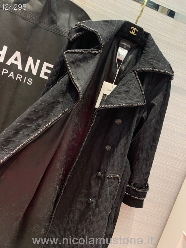 Originální Kvalitní Chanel řetízek Vyšívaný Dvouřadý Trenčkot Kolekce Podzim/zima 2020 černá