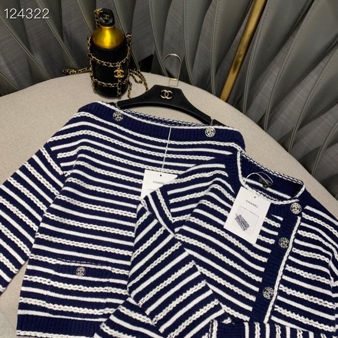 Originální Kvalitní Dámský Svetr Chanel Scoop Neck Kolekce Podzim/zima 2020 Modrá/bílá