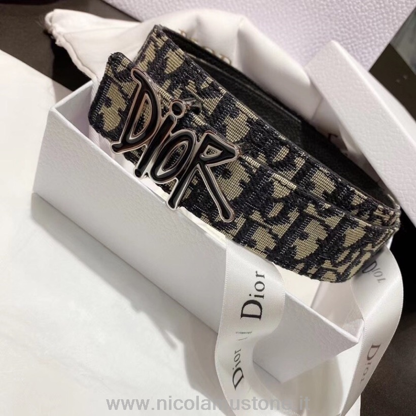 Originální Kvalitní Opasek Christian Dior 35 Cm Stříbrné Kování šikmé Plátno/telecí Kůže Kolekce Podzim/zima 2020 Tmavě Modrá