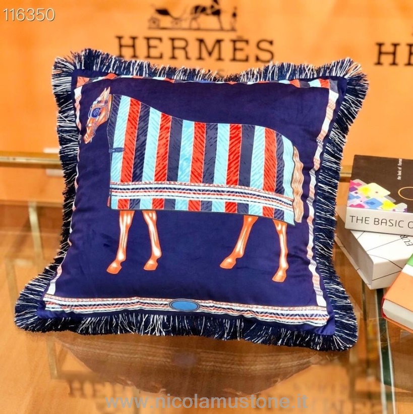 Originální Kvalitní Hermes Kůň Střapec Sametový 45cm Polštář Námořnická Modř