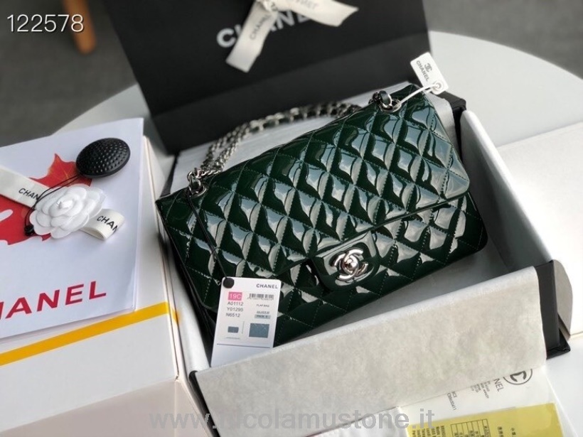 Originální Kvalitní Chanel Klasická Taška S Klopou 25cm Stříbrný Hardware Lakovaná Kůže Kolekce Jaro/léto 2020 Tmavě Zelená