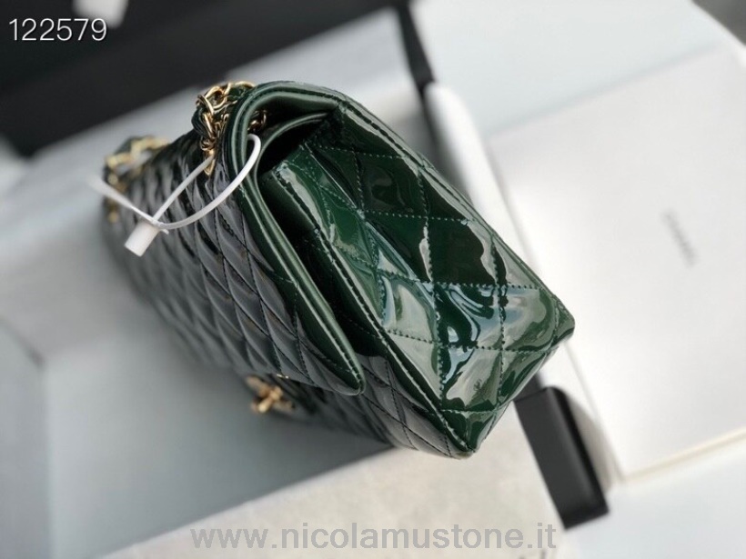 Originální Kvalitní Chanel Klasická Taška S Klopou 25cm Zlatý Hardware Lakovaná Kůže Kolekce Jaro/léto 2020 Tmavě Zelená