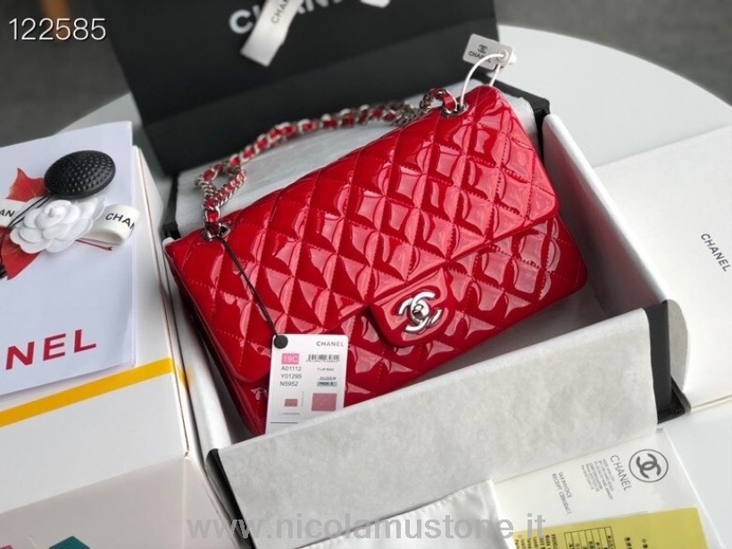 Originální Kvalitní Kabelka Chanel Klasická Klopová 25cm Stříbrný Hardware Lakovaná Kůže Kolekce Jaro/léto 2020 červená