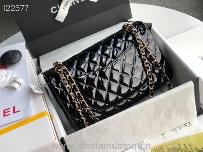 Originální Kvalitní Kabelka Chanel Klasická S Klopou 25cm Zlatý Hardware Lakovaná Kůže Kolekce Jaro/léto 2020 černá