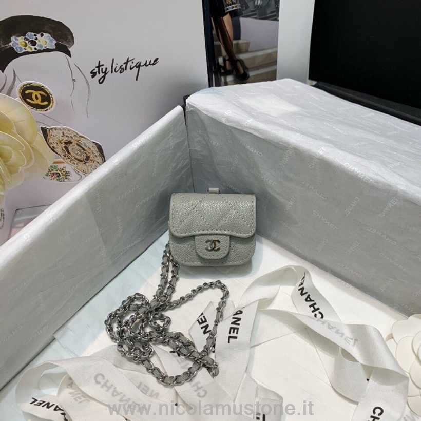 Originální Kvalitní Pouzdro Chanel Airpod Pro Na řetízku 8cm As88893 Zrnitá Teletina Kůže Stříbrný Hardware Kolekce Jaro/léto 2021 šedá