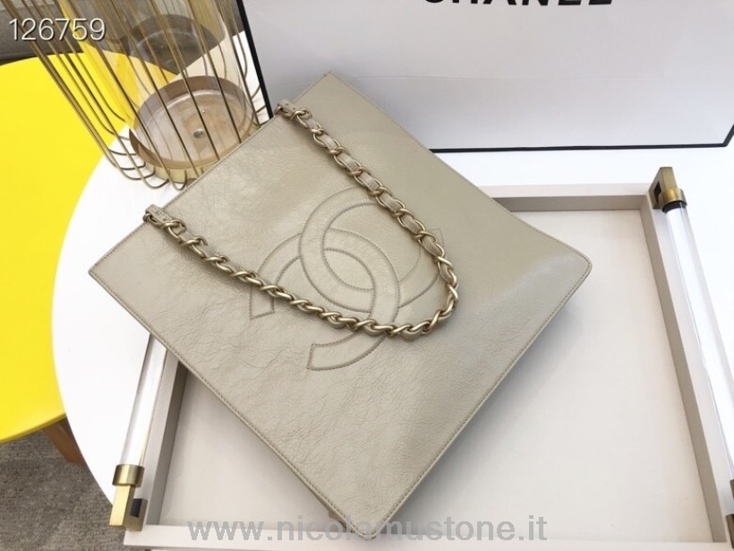 Originální Kvalitní Chanel Vertikální Nákupní Taška 32cm Stará Teletina Kůže Zlatá Hardware Kolekce Podzim/zima 2020 Béžová