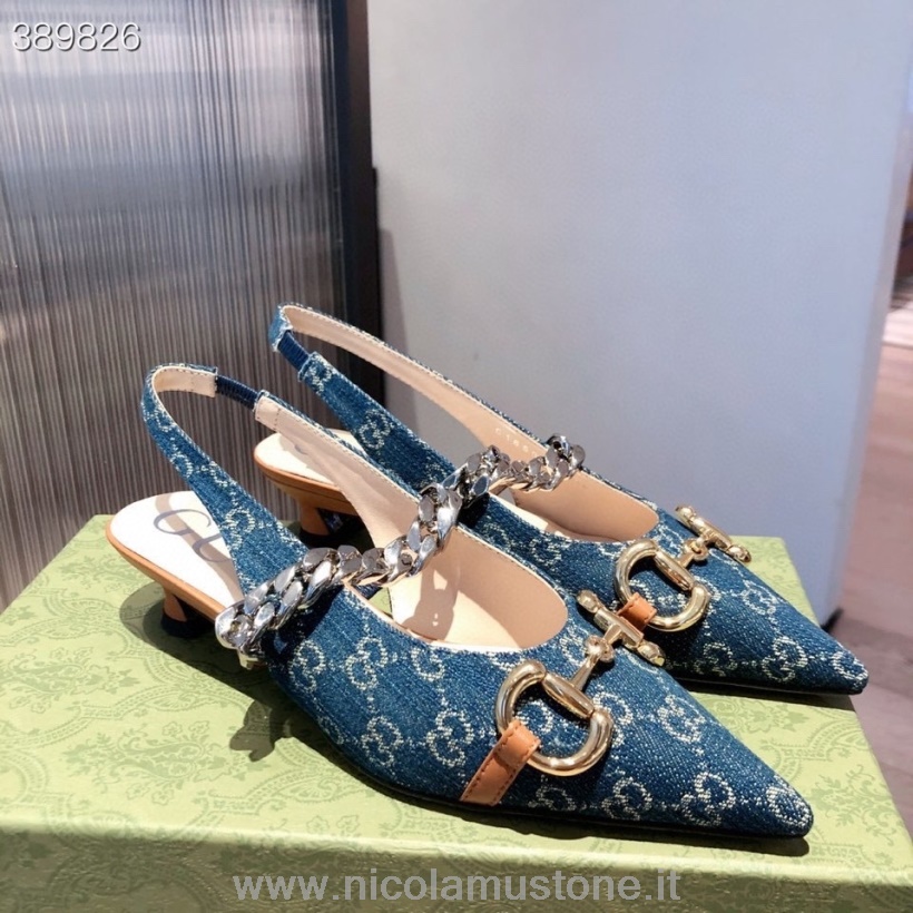 Originální Kvalitní Gucci Horsebit řetízkové Lodičky Teletina Kůže Jaro/léto 2021 Kolekce Denim Blue